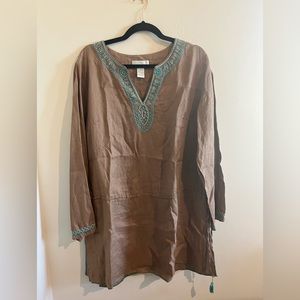 Brown & Turquoise Linen Tunic with Drawstring at Waist